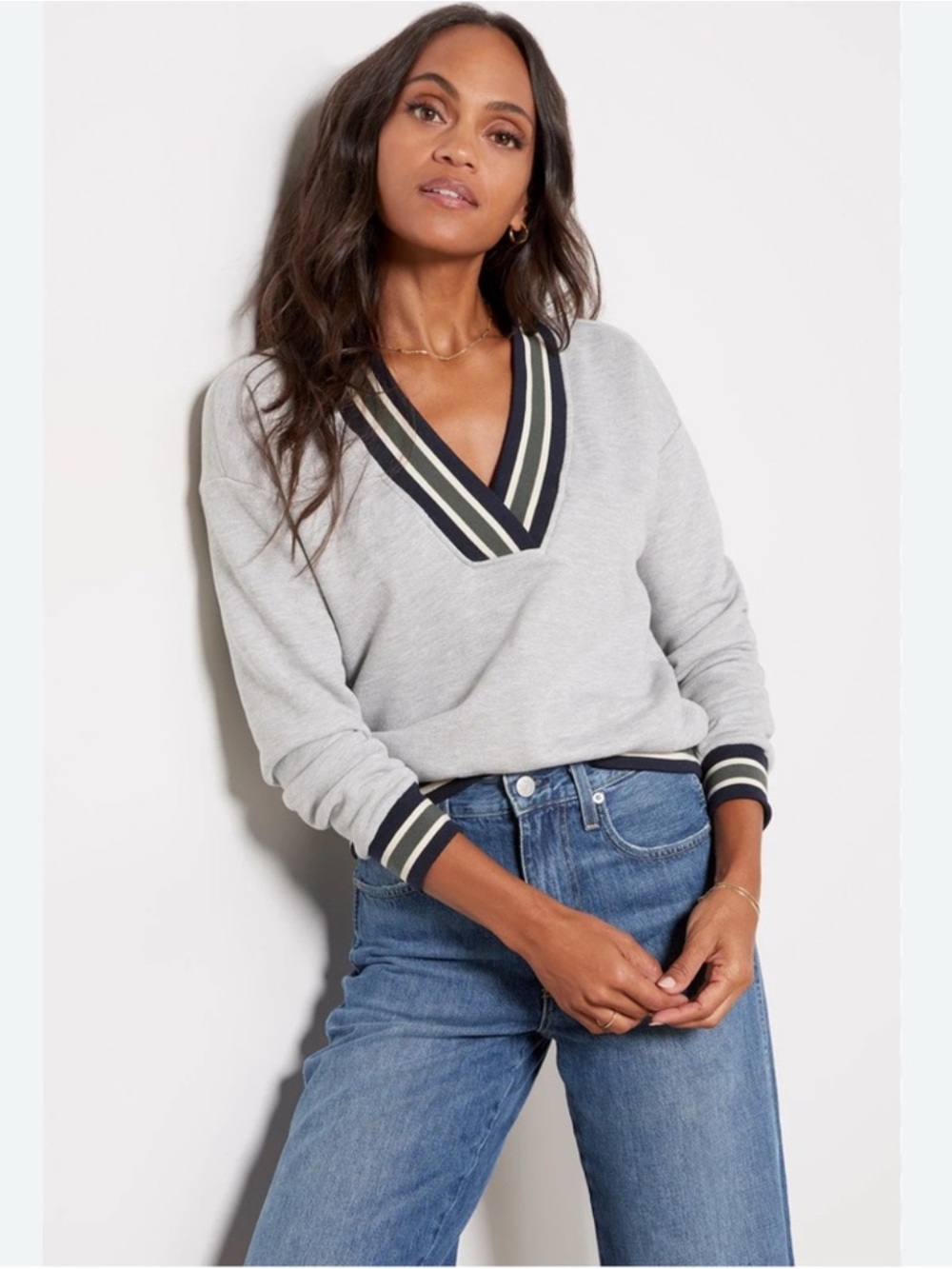 Evereve Nova Varsity V-Neck Sweatshirt Small Gray Striped Trim Retro Sport